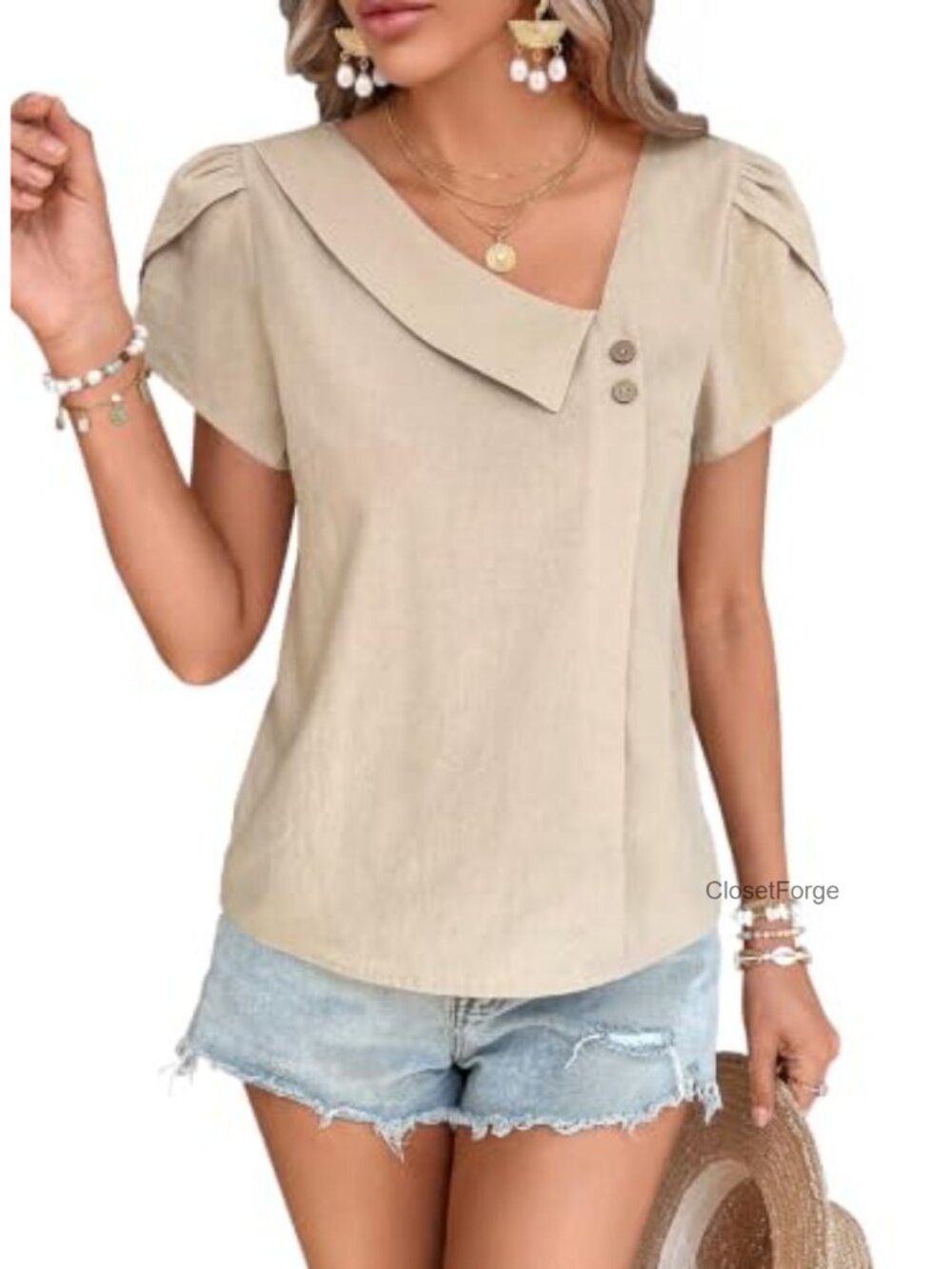Women's Dressy Casual Asymmetrical V-Neck Blouse Petal Sleeve